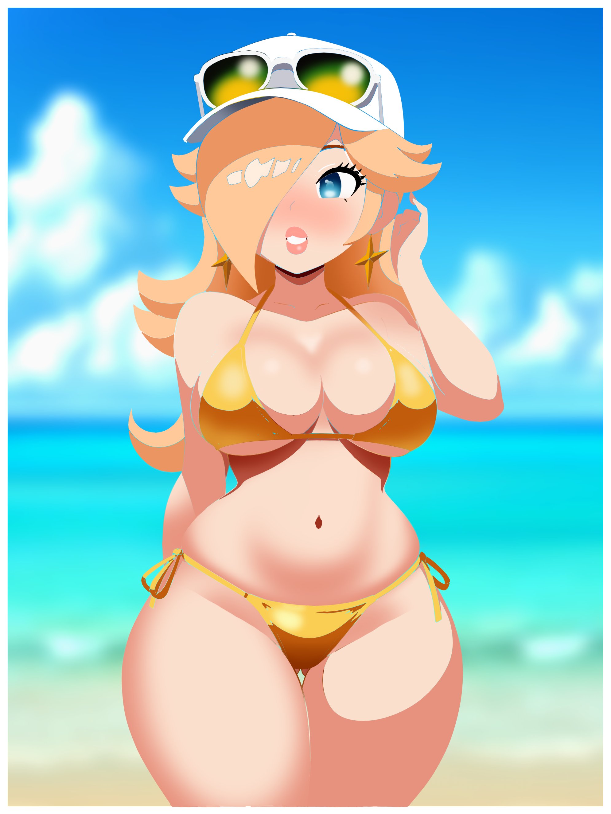 mcarthur1010, rosalina, mario (series), nintendo, super mario galaxy, absurdres, commentary, english commentary, highres, 1girl, bare shoulders, baseball cap, beach, bikini, blurry, blurry background, blush, breasts, cowboy shot, eyewear on headwear, gold bikini, hair over one eye, hat, large breasts, long hair, ocean, sand, side-tie bikini bottom, solo, swimsuit, water, white hat