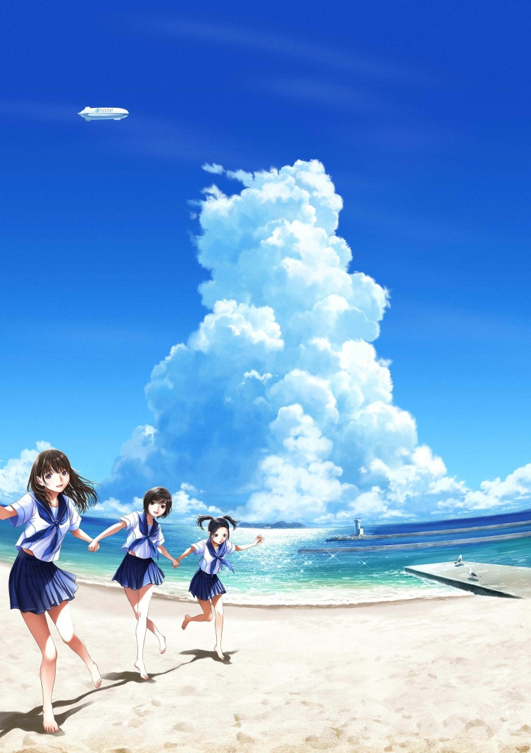 mino tarou, anegasaki nene, kobayakawa rinko, takane manaka, love plus, love plus plus, official art, 3girls, aircraft, barefoot, beach, cloud, day, dirigible, fisheye, long hair, multiple girls, ocean, outdoors, school uniform, serafuku, short hair, skirt, sky, smile, twintails