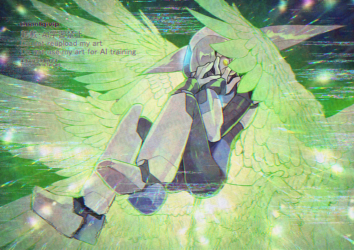 yamanashi taiki, lumine (mega man), mega man (series), mega man x8, mega man x (series), android, armor, feathered wings, full body, glitch, green wings, purple hair, solo, twitter username, watermark, white armor, wings, yellow eyes
