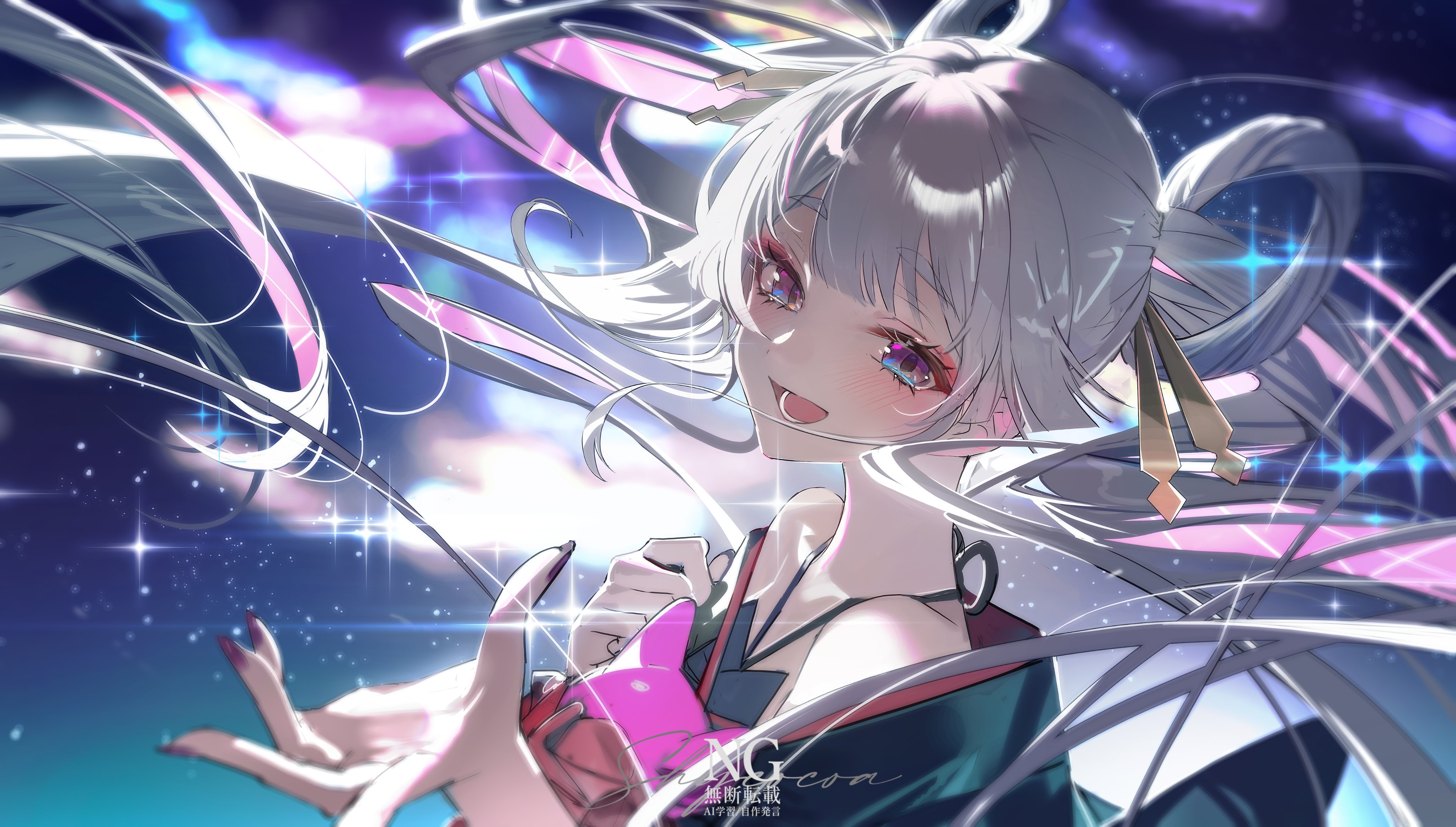 shycocoa, runami yachiyo, chou kaguya-hime!, absurdres, hashtag-only commentary, highres, 1girl, bare shoulders, black kimono, blue eyes, blush, hair ornament, hair rings, hair stick, japanese clothes, kimono, long hair, looking at viewer, open mouth, reaching, reaching towards viewer, smile, solo, twintails, white hair