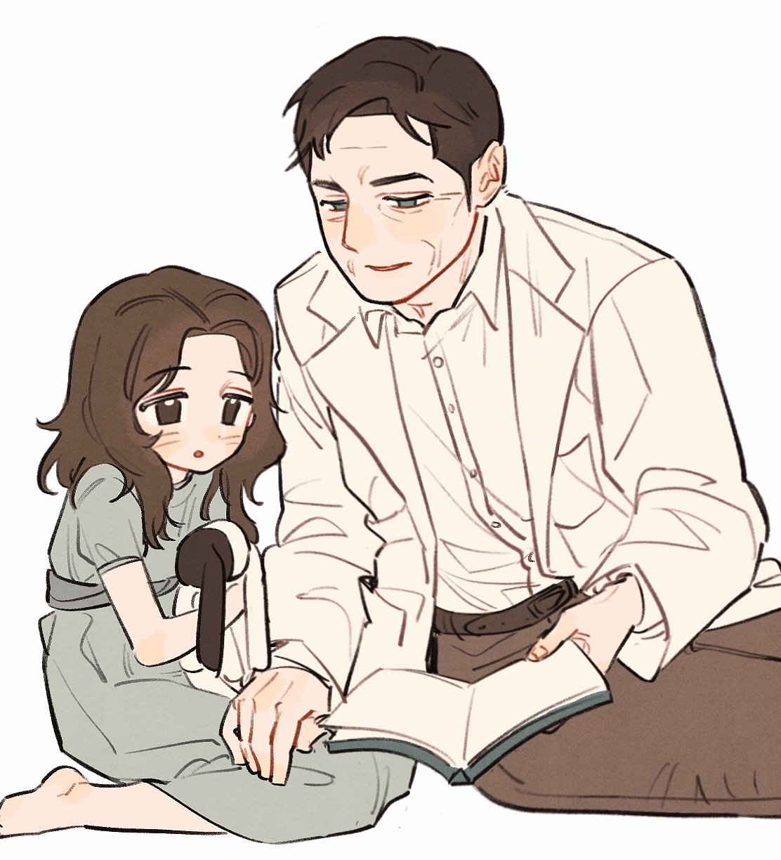 original, commentary request, highres, korean commentary, 1boy, 1girl, age difference, aged down, barefoot, black hair, blush, book, brown hair, collared shirt, long hair, long sleeves, open book, pants, s22uic, shirt, sitting