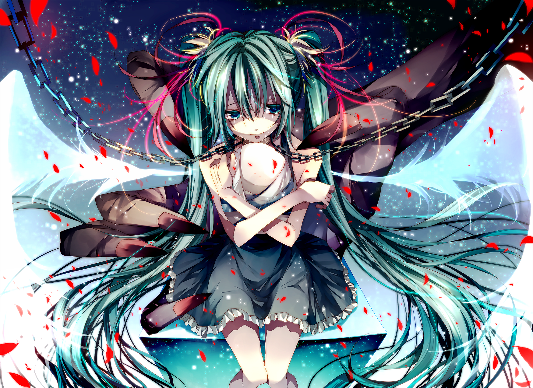 tsukioka tsukiho, hatsune miku, vocaloid, bad id, bad pixiv id, highres, bandages, chain, egg, green eyes, green hair, hug, long hair, petals, solo, tears, twintails, very long hair