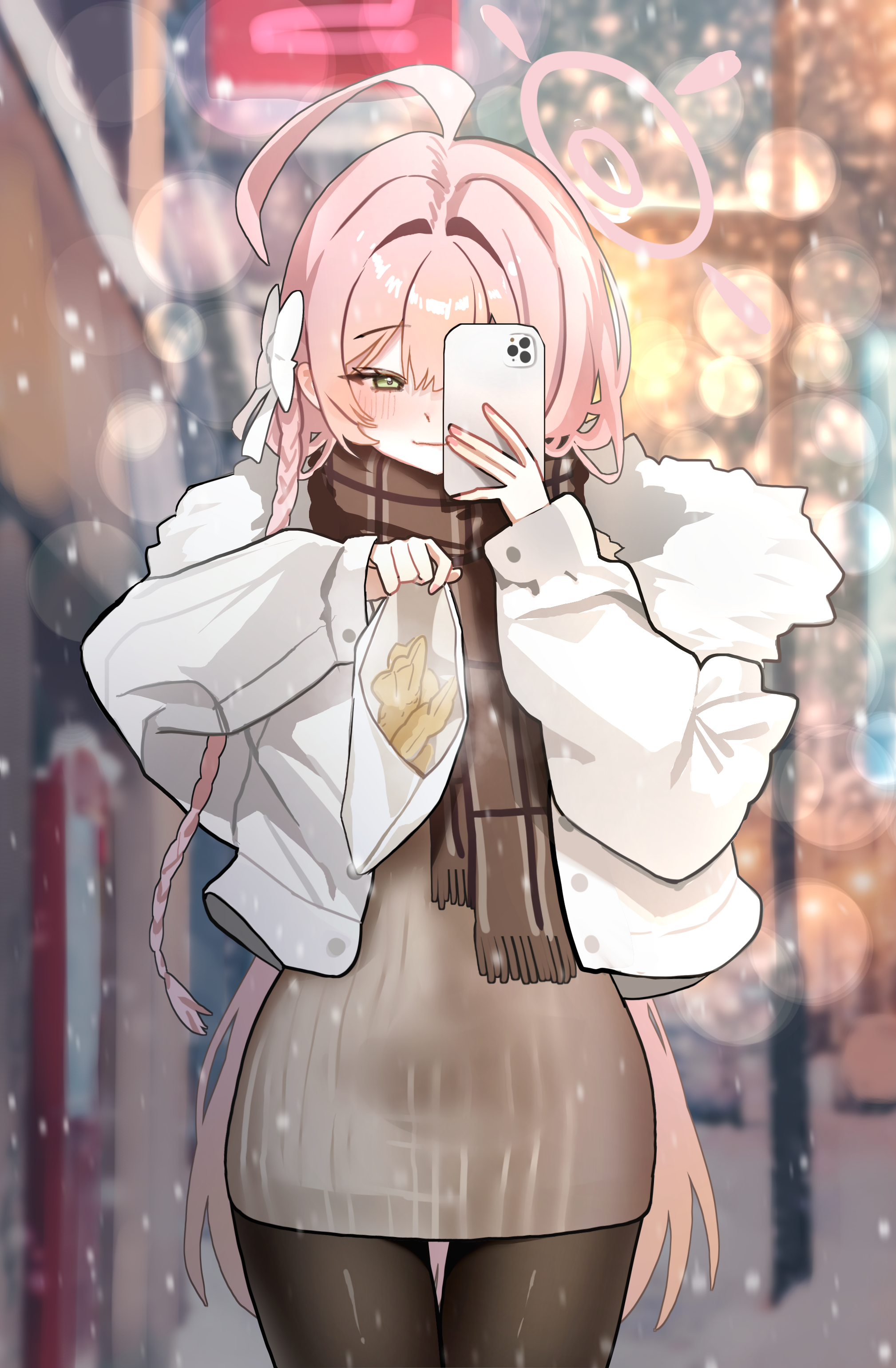 hyurumari, hanako (blue archive), blue archive, absurdres, commentary request, highres, korean commentary, 1girl, ||/, ahoge, black pantyhose, blurry, blurry background, braid, brown scarf, cellphone, depth of field, food, fur-trimmed jacket, fur trim, green eyes, grey sweater, hair between eyes, halo, holding, holding food, holding phone, jacket, long hair, pantyhose, phone, pink hair, pink halo, ribbed sweater, scarf, single braid, smartphone, solo, sweater, taiyaki, taking picture, wagashi, white jacket