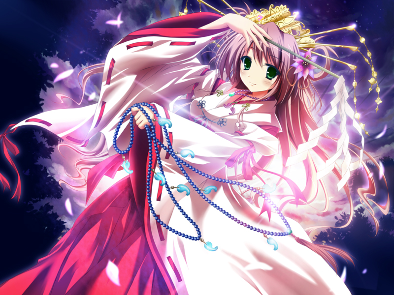 suien, yaoyorozu, 1girl, brown hair, female focus, flower, gohei, green eyes, hair flower, hair ornament, japanese clothes, long hair, miko, oonusa, petals, solo