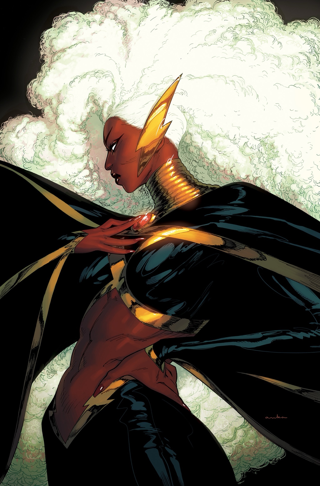 kris anka, storm (x-men), marvel, x-men, red gem, comic cover, commentary, english commentary, highres, official art, textless version, 1girl, big hair, black background, black cape, black pants, black shirt, brown nails, cape, cover, cover page, cowboy shot, cropped shirt, curly hair, dark-skinned female, dark skin, earrings, fingernails, gem, gold trim, hand on own chest, hand on own hip, jewelry, lightning bolt earrings, lightning bolt symbol, long fingernails, long hair, midriff, navel, neck ring, no pupils, pants, profile, shirt, signature, solo, superhero costume, toned, toned female, very long hair, western comics (style), white hair
