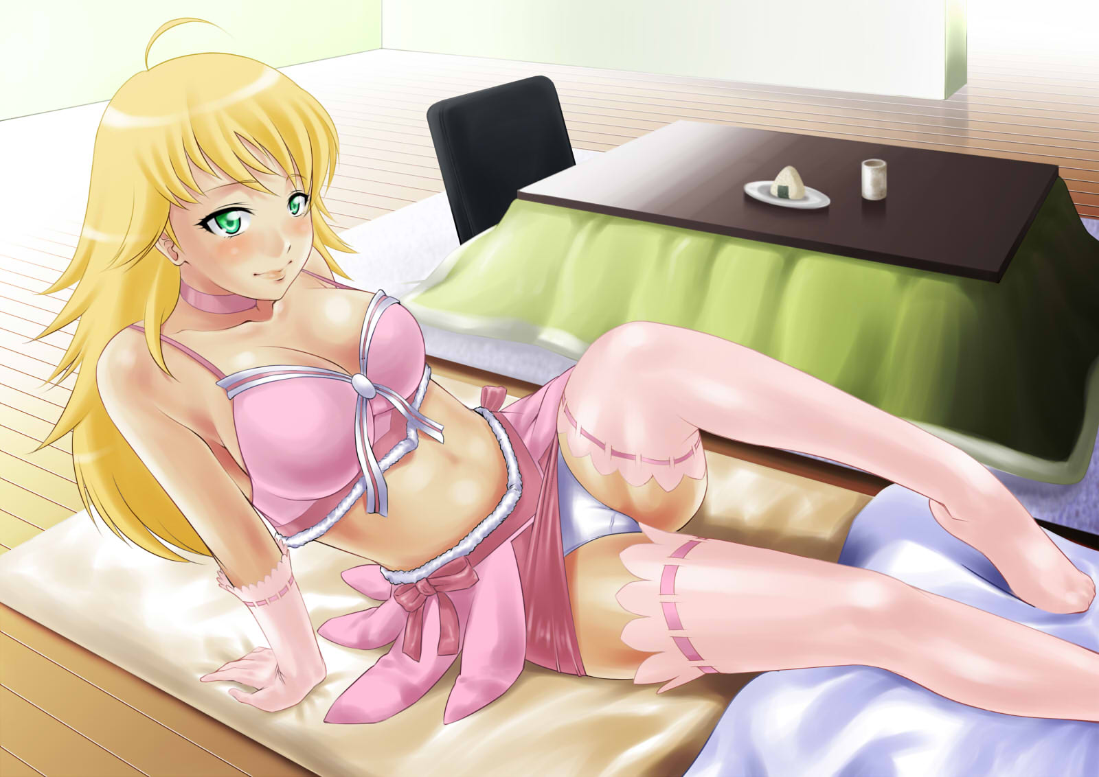 shirihime, shiriotome, hoshii miki, idolmaster, idolmaster (classic), highres, 1girl, ahoge, arm support, blonde hair, breasts, bustier, cleavage, cute & girly (idolmaster), feet, female focus, food, gloves, green eyes, large breasts, legs, lips, long hair, midriff, miniskirt, onigiri, panties, skirt, solo, thighhighs, underwear