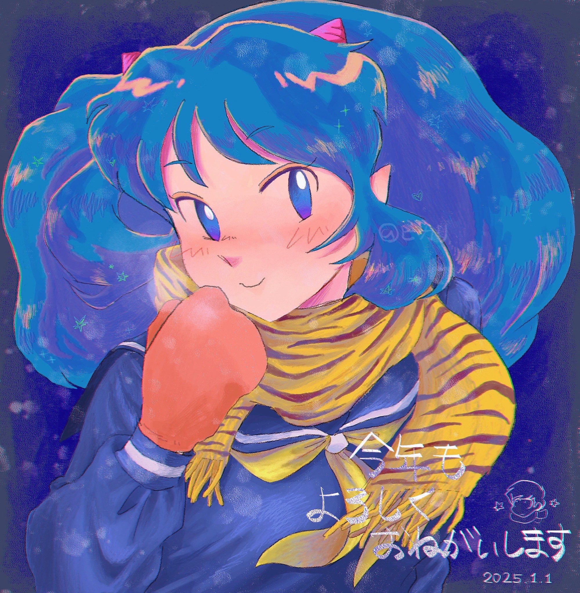 sauizph, lum, moroboshi ataru, urusei yatsura, commentary request, highres, translation request, 1boy, 1girl, blue background, blue eyes, blue hair, blue serafuku, blue shirt, cone horns, dated, horns, long hair, looking at viewer, mittens, pointy ears, print scarf, red mittens, scarf, school uniform, serafuku, shirt, simple background, upper body, winter clothes, yellow scarf