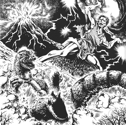 hariken ryu, frankenstein's monster, frankenstein (frankenstein vs. baragon), godzilla, frankenstein, frankenstein vs. baragon, frankenstein vs. godzilla, godzilla (series), mothra vs. godzilla, toho, highres, 1boy, boulder, claws, crossover, dead tree, dinosaur, dust, electricity, energy, eruption, fangs, forest, giant, giant monster, kaijin, kaiju, lava, lifting object, lightning, monochrome, monster, nature, sharp teeth, smoke, spikes, tail, teeth, tree, undead, unmade project, volcano