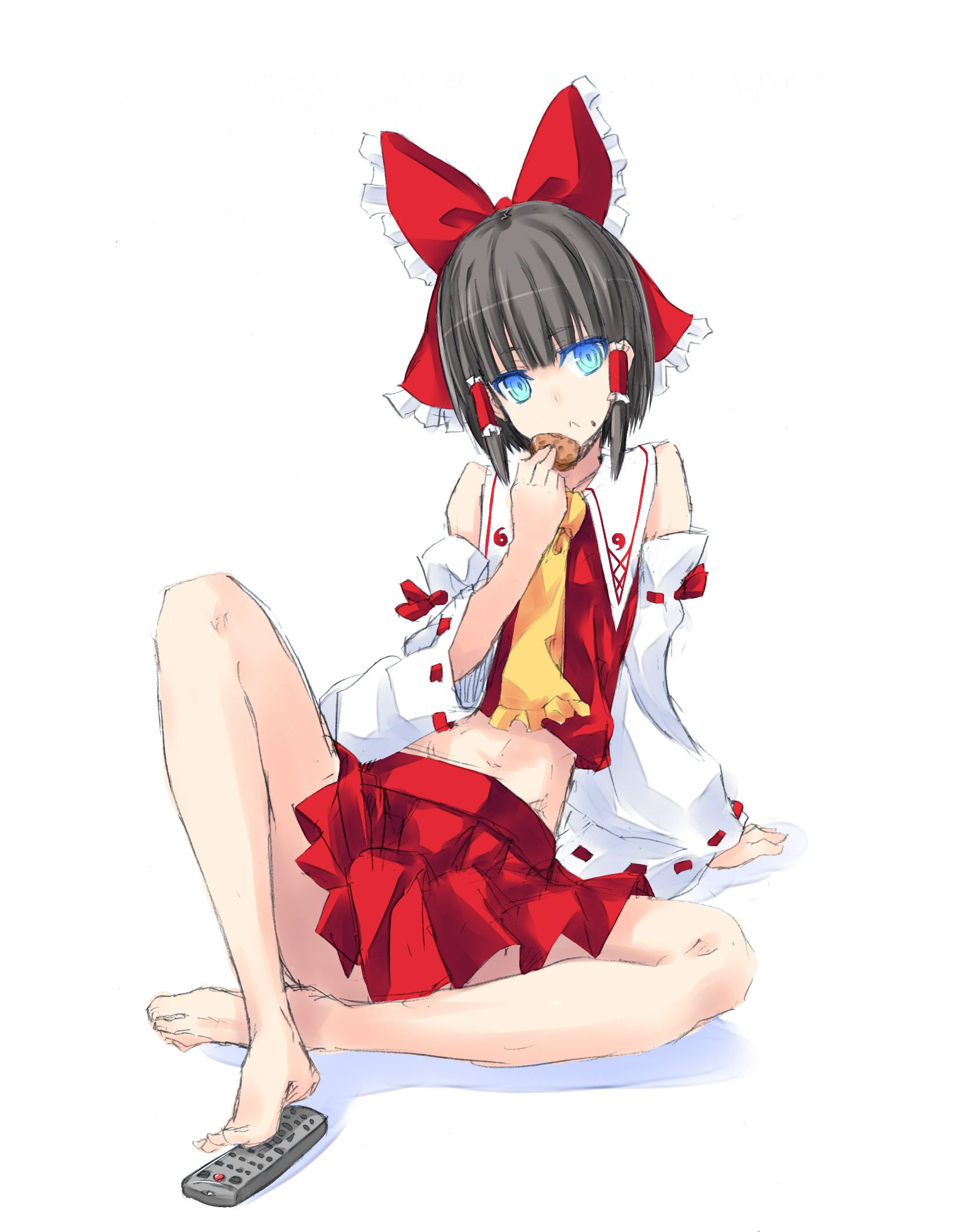 nabeshima tetsuhiro, hakurei reimu, touhou, graphite (medium), highres, mixed media, traditional media, 1girl, :<, aqua eyes, arm support, bare shoulders, barefoot, blue eyes, blunt bangs, bow, colored eyelashes, controller, cookie, detached sleeves, eyelashes, feet, female focus, food, gradient eyes, hair bow, hair tubes, japanese clothes, miko, multicolored eyes, navel, no panties, remote control, short hair, sketch, solo, spread legs