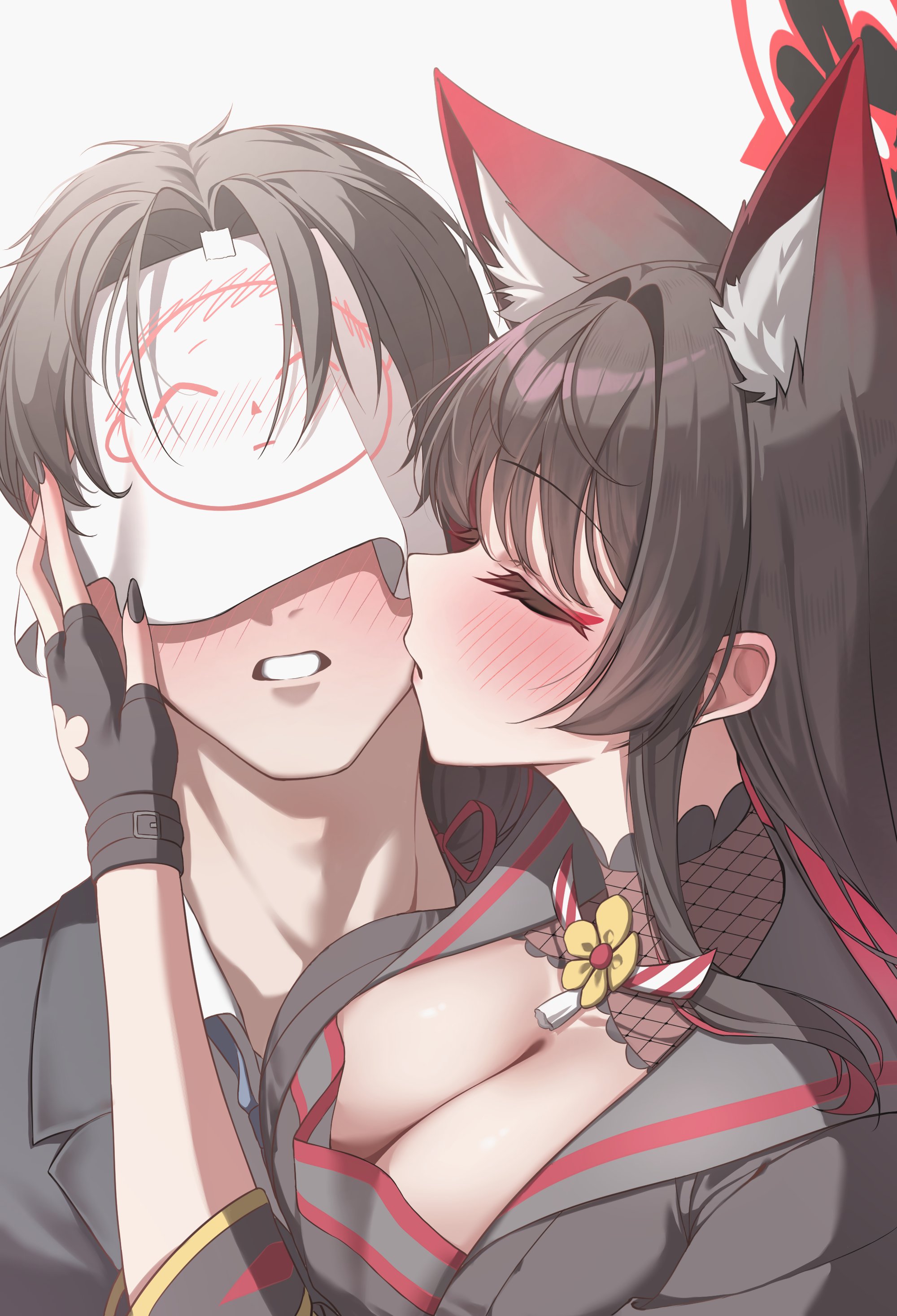 gyu chul, doodle sensei (blue archive), sensei (blue archive), wakamo (blue archive), blue archive, absurdres, commentary, english commentary, highres, 1boy, 1girl, animal ears, black gloves, black hair, blush, breasts, couple, fingerless gloves, fox ears, fox girl, gloves, halo, hetero, kiss, kissing cheek, large breasts, long hair, red halo, simple background, white background