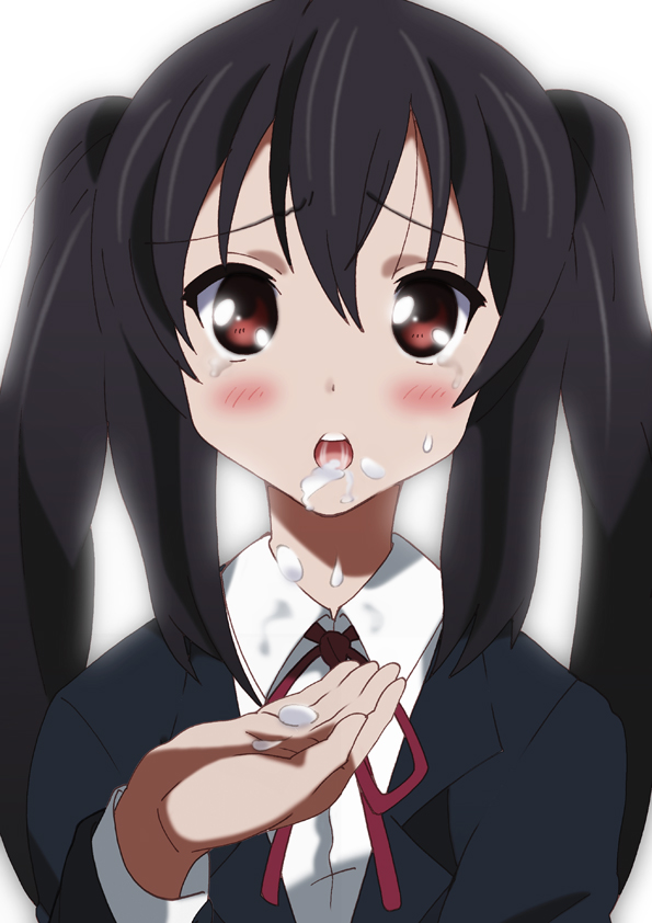 yamasaki wataru, nakano azusa, k-on!, bad id, bad pixiv id, 1girl, bad anatomy, bad hands, black hair, blush, brown eyes, cupping hand, female focus, gradient background, long hair, neck ribbon, red ribbon, ribbon, school uniform, sexually suggestive, solo, twintails, white background, yogurt