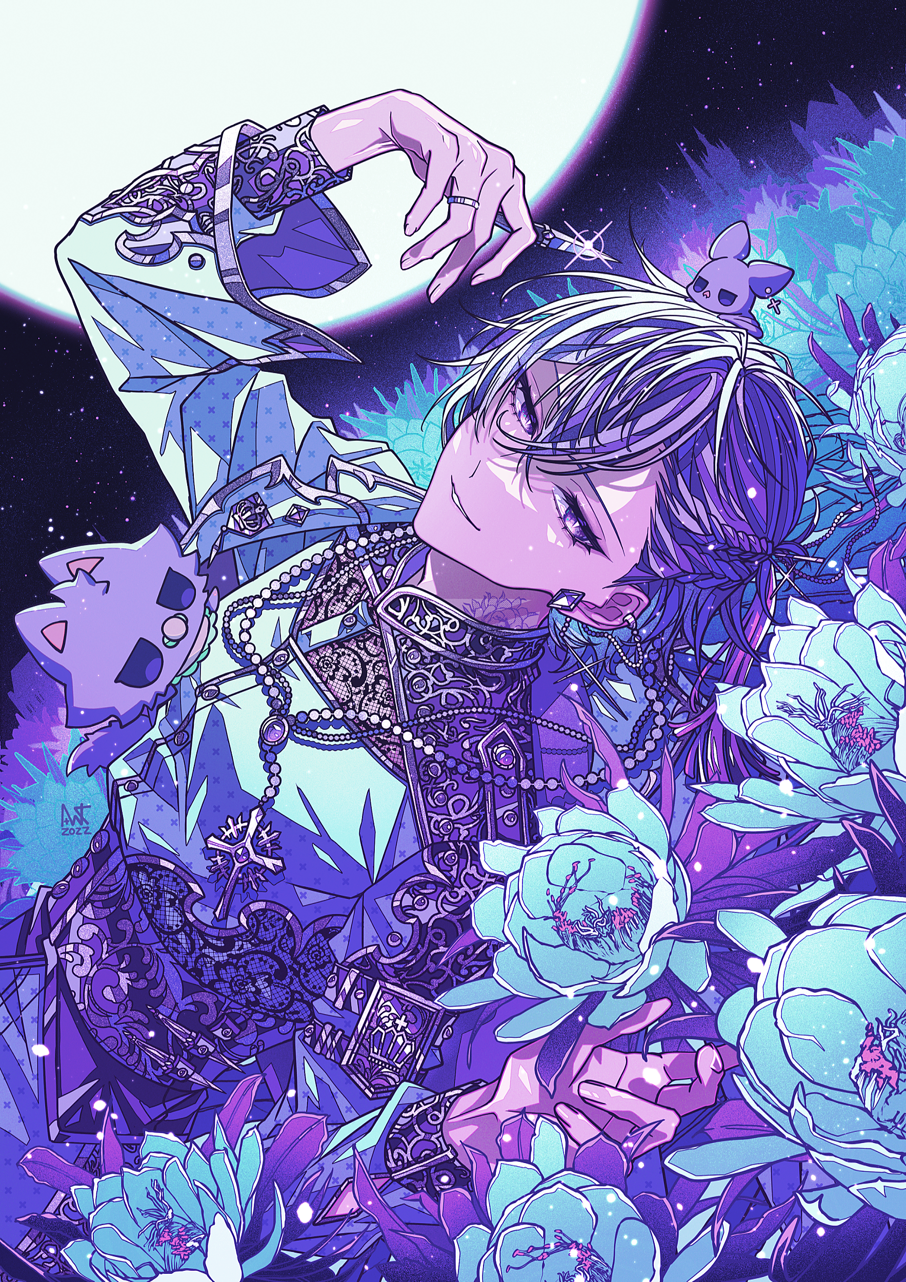 yudeazu king, absurdres, commentary request, highres, 1boy, analogous colors, animal, animal on chest, animal on head, bead necklace, beads, blue flower, blue jacket, braid, cross, cross necklace, crossed bangs, cummerbund, diamond earrings, ear chain, earrings, epiphyllum, field, flower, flower field, flower tattoo, full moon, hair between eyes, half up braid, half updo, hand up, holding, holding scissors, jacket, jewelry, lace shirt, light particles, linked piercing, long sleeves, looking at viewer, lying, male focus, mandarin collar, miuru (utaite), moon, neck tattoo, necklace, night, on back, on head, outdoors, parted lips, patterned clothing, piercing, ponytail, purple eyes, purple hair, rosary, scissors, short ponytail, shoulder boards, sideways glance, sky, smile, solo, star (sky), starry sky, stpr boys project, stud earrings, tattoo, upper body