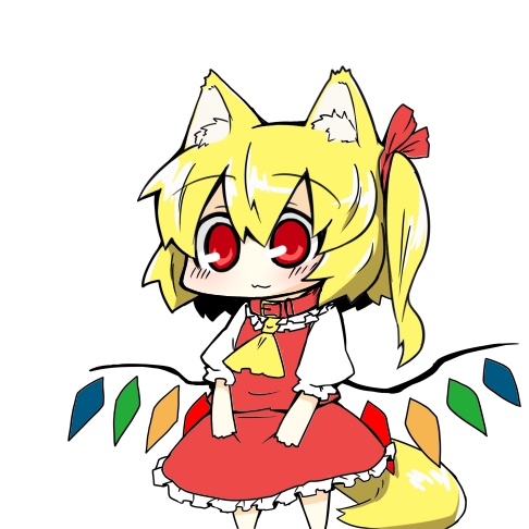ariyoshi gen, flandre scarlet, touhou, bad id, bad pixiv id, lowres, 1girl, :3, animal ears, blonde hair, blush, chibi, collar, dog ears, dog tail, female focus, kemonomimi mode, no headwear, ponytail, red eyes, side ponytail, solo, tail, wings