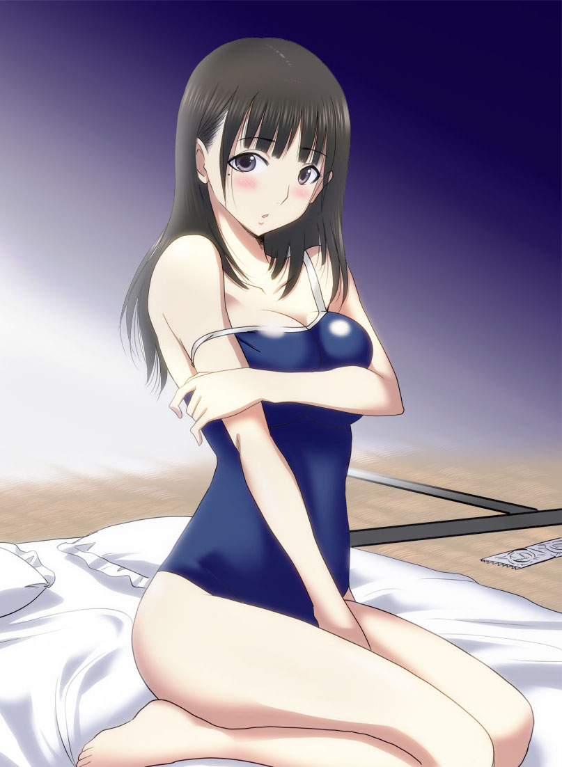 marugoshi teppei, anegasaki nene, love plus, love plus plus, breast hold, 1girl, barefoot, between legs, black hair, blush, breasts, competition school swimsuit, condom, condom packet strip, condom wrapper, female focus, futon, hand between legs, large breasts, long hair, mole, mole under eye, one-piece swimsuit, purple eyes, school swimsuit, solo, strap slip, swimsuit, tatami