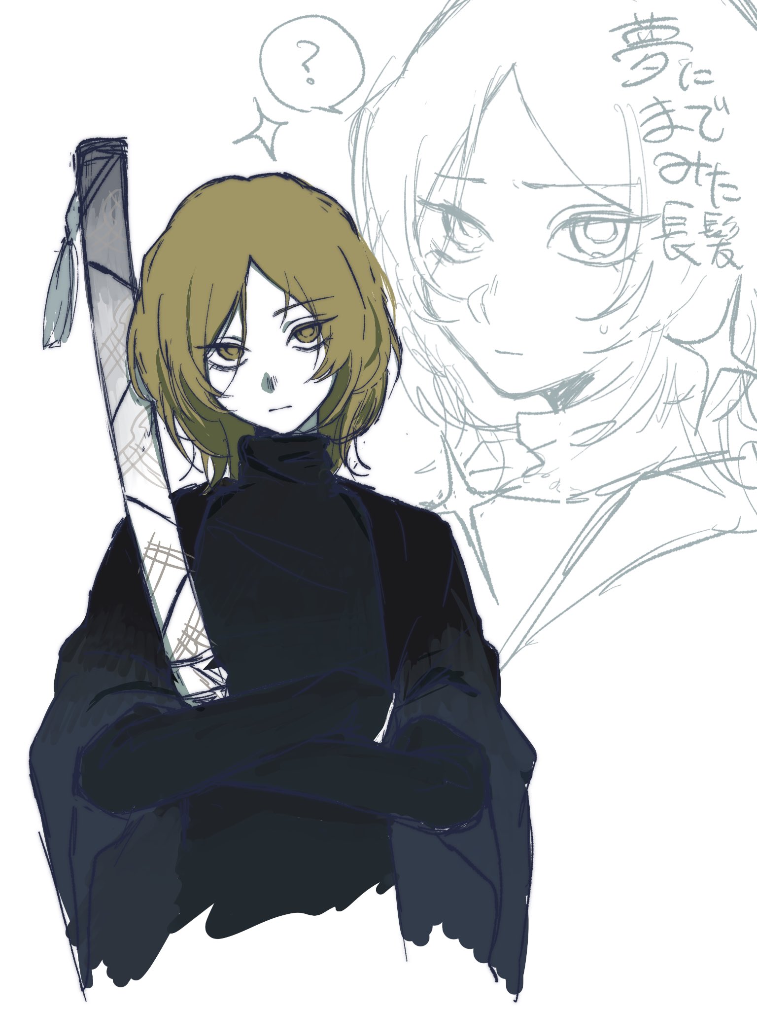 houtai 11, sinclair (project moon), limbus company, project moon, highres, 1boy, ?, black gloves, black hakama, black shirt, black sleeves, blonde hair, closed mouth, cropped torso, elbow gloves, expressionless, gloves, hakama, holding, holding sword, holding weapon, japanese clothes, long sleeves, looking at viewer, male focus, parted bangs, shirt, sketch, solo, spoken question mark, sweatdrop, sword, sword tassel, tassel, turtleneck, turtleneck shirt, undershirt, weapon, yellow eyes