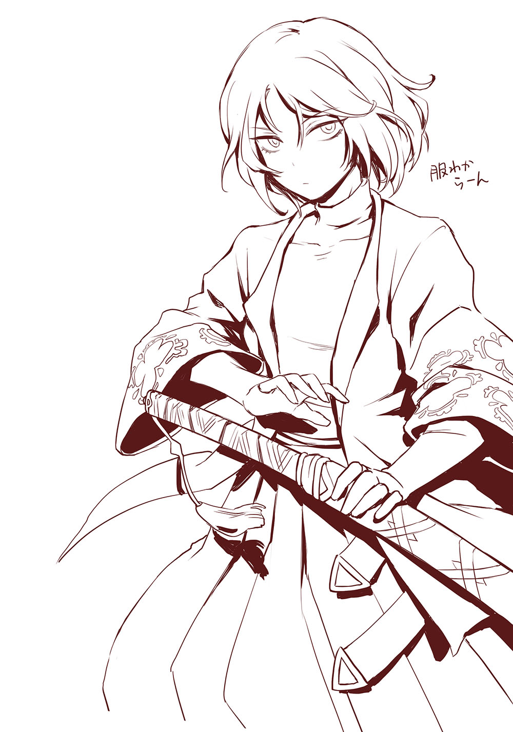 melo quince, sinclair (project moon), limbus company, project moon, commentary request, highres, translation request, 1boy, closed mouth, expressionless, fighting stance, hakama, hakama pants, haori, holding, holding sword, holding weapon, japanese clothes, long sleeves, looking at viewer, male focus, monochrome, pants, parted bangs, pleated pants, sheath, sheathed, shirt, sketch, solo, sword, sword tassel, tassel, tsurime, turtleneck, turtleneck shirt, undershirt, weapon