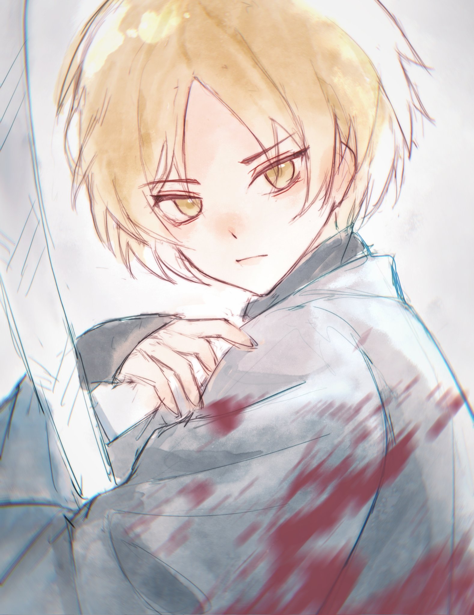 buhuaixiaoguai, sinclair (project moon), limbus company, project moon, highres, 1boy, black sleeves, blonde hair, blood, blood spray, closed mouth, expressionless, from side, holding, holding sword, holding weapon, layered sleeves, long sleeves, looking at viewer, male focus, parted bangs, sketch, solo, sword, tsurime, weapon, white background, yellow eyes