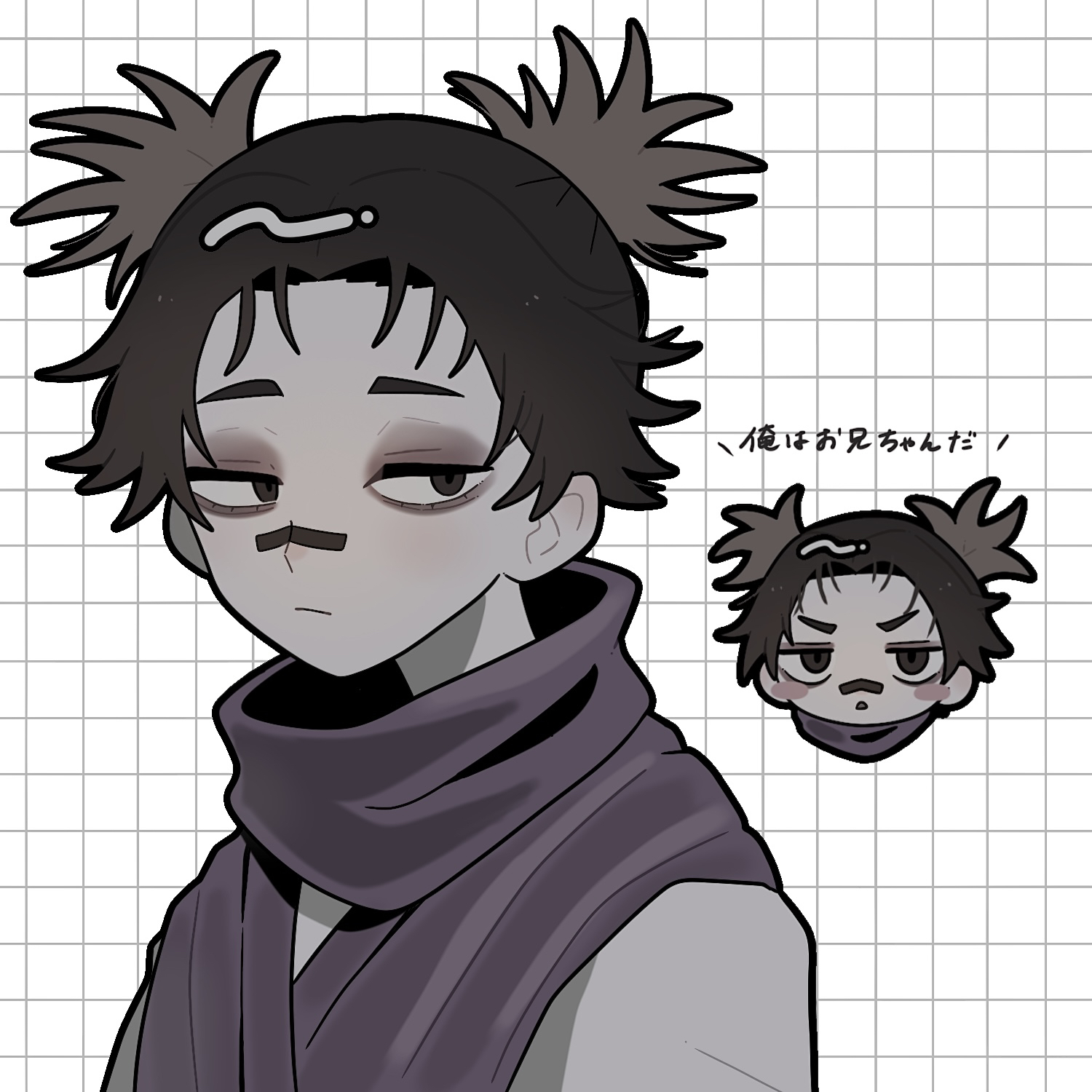 okayu (okayuyuyu2), choso (jujutsu kaisen), jujutsu kaisen, commentary request, highres, translated, 1boy, bandaid, bandaid on face, bandaid on nose, black hair, blush stickers, chibi, chibi inset, closed mouth, grid background, i'm his onii-chan!!! (meme), looking at viewer, male focus, meme, open mouth, portrait, purple scarf, scarf, shirt, short hair, white background, white shirt
