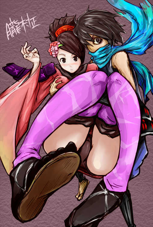 sanchuu, kisuke, momohime, oboro muramasa, 1boy, 1girl, black hair, breasts, brown hair, flower, grabbing another's breast, groping, hair flower, hair ornament, hetero, japanese clothes, kimono, legs, panties, pants, pantyshot, sandals, scarf, short hair, short kimono, shoulder pads, small breasts, thighhighs, underwear