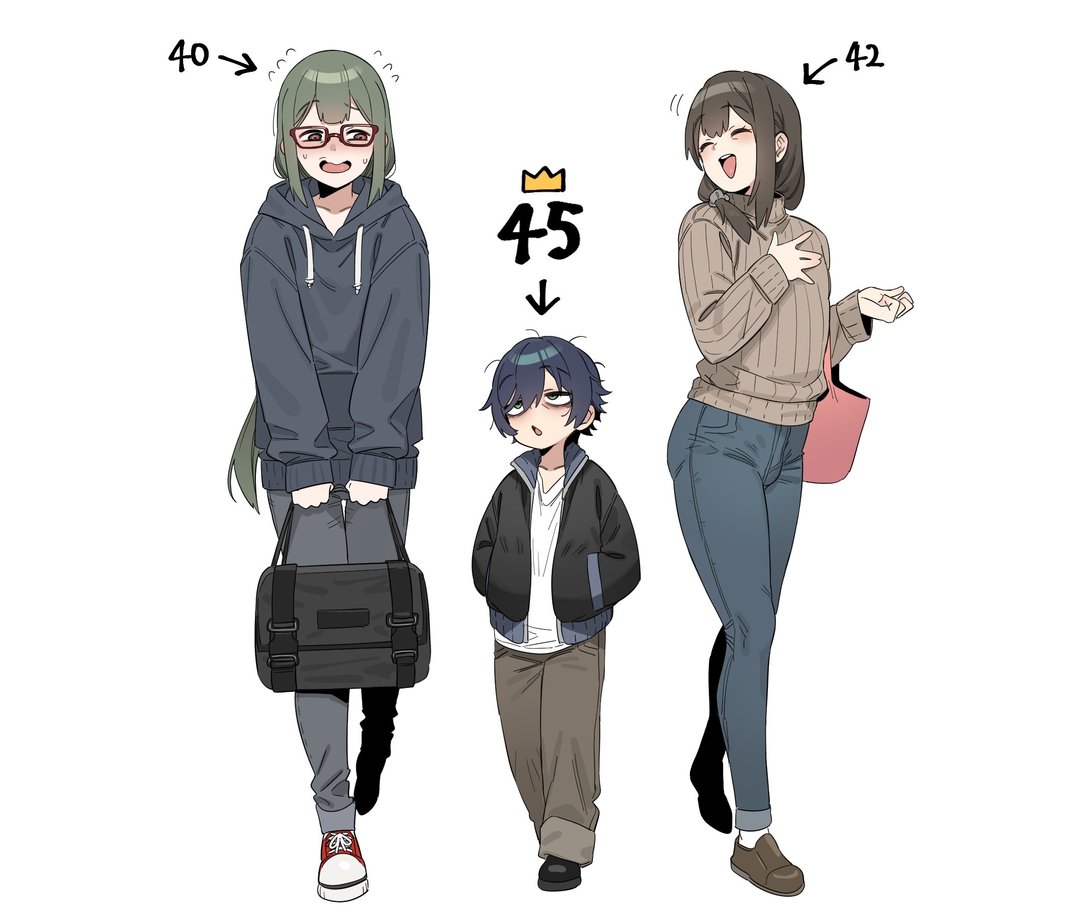 in (ain), original, commentary request, highres, korean commentary, 3boys, bag, blue hair, blue pants, closed eyes, denim, flustered, glasses, green hair, hand on own chest, hands in pockets, height difference, holding, holding bag, hood, hoodie, jacket, jeans, mature male, multiple boys, open mouth, pants, shoes, shy, sleepy, sneakers, sweater