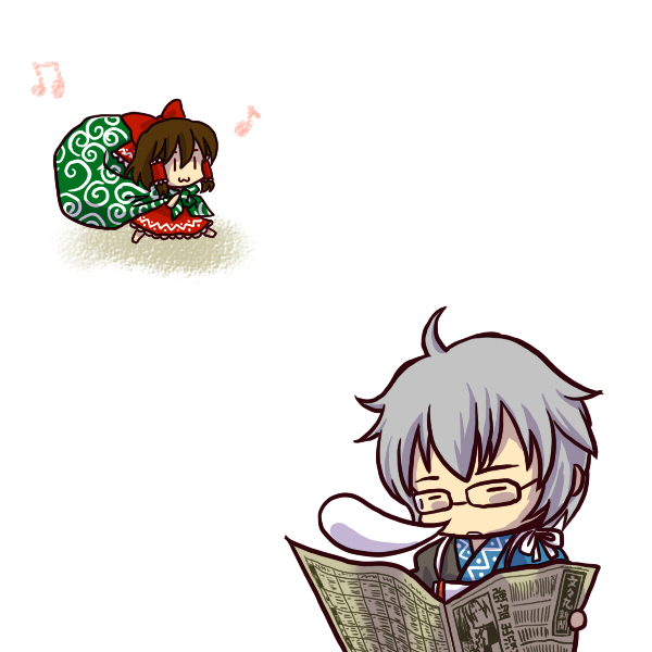 socha, hakurei reimu, morichika rinnosuke, curiosities of lotus asia, touhou, silver hair, 1boy, 1girl, :3, brown hair, bunbunmaru, chibi, closed eyes, glasses, musical note, newspaper, nose bubble, simple background, sleeping, theft, white background, | |