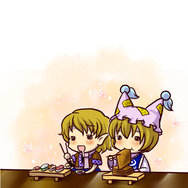 socha, mizuhashi parsee, yakumo ran, touhou, 2girls, = =, aburaage, blonde hair, blush, chibi, eating, female focus, food, multiple girls, saliva, simple background, sushi, sushi geta