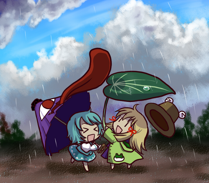 socha, moriya suwako, tatara kogasa, touhou, > <, 2girls, blonde hair, blue hair, chibi, closed eyes, cloud, day, female focus, frog, happy, hat, karakasa obake, leaf, leaf umbrella, multiple girls, open mouth, rain, raincoat, sky, tongue, umbrella, | |