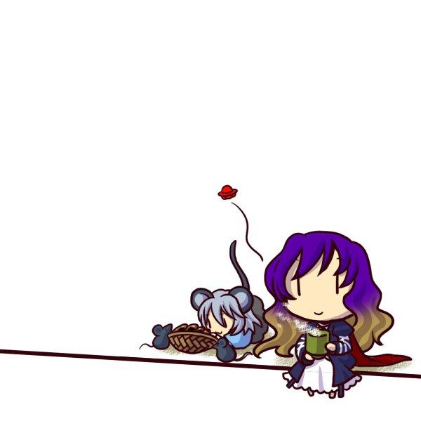 socha, hijiri byakuren, nazrin, touhou, 2girls, :>, animal ears, chibi, cup, female focus, gradient hair, mouse (animal), mouse ears, multicolored hair, multiple girls, simple background, smile, tail, teacup, ufo, | |