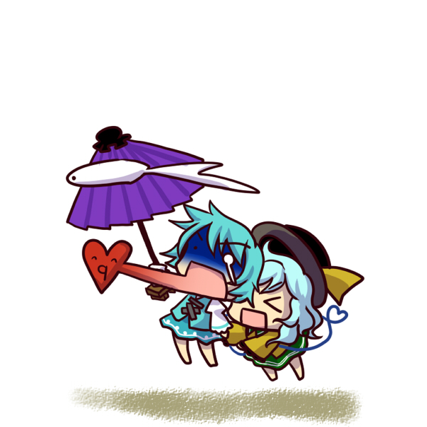 socha, komeiji koishi, tatara kogasa, touhou, > <, 2girls, ^ ^, ^q^, blue hair, chibi, closed eyes, female focus, hat, heart, heart (organ), heart of string, irony, karakasa obake, multiple girls, open mouth, simple background, smile, surprised, tears, umbrella