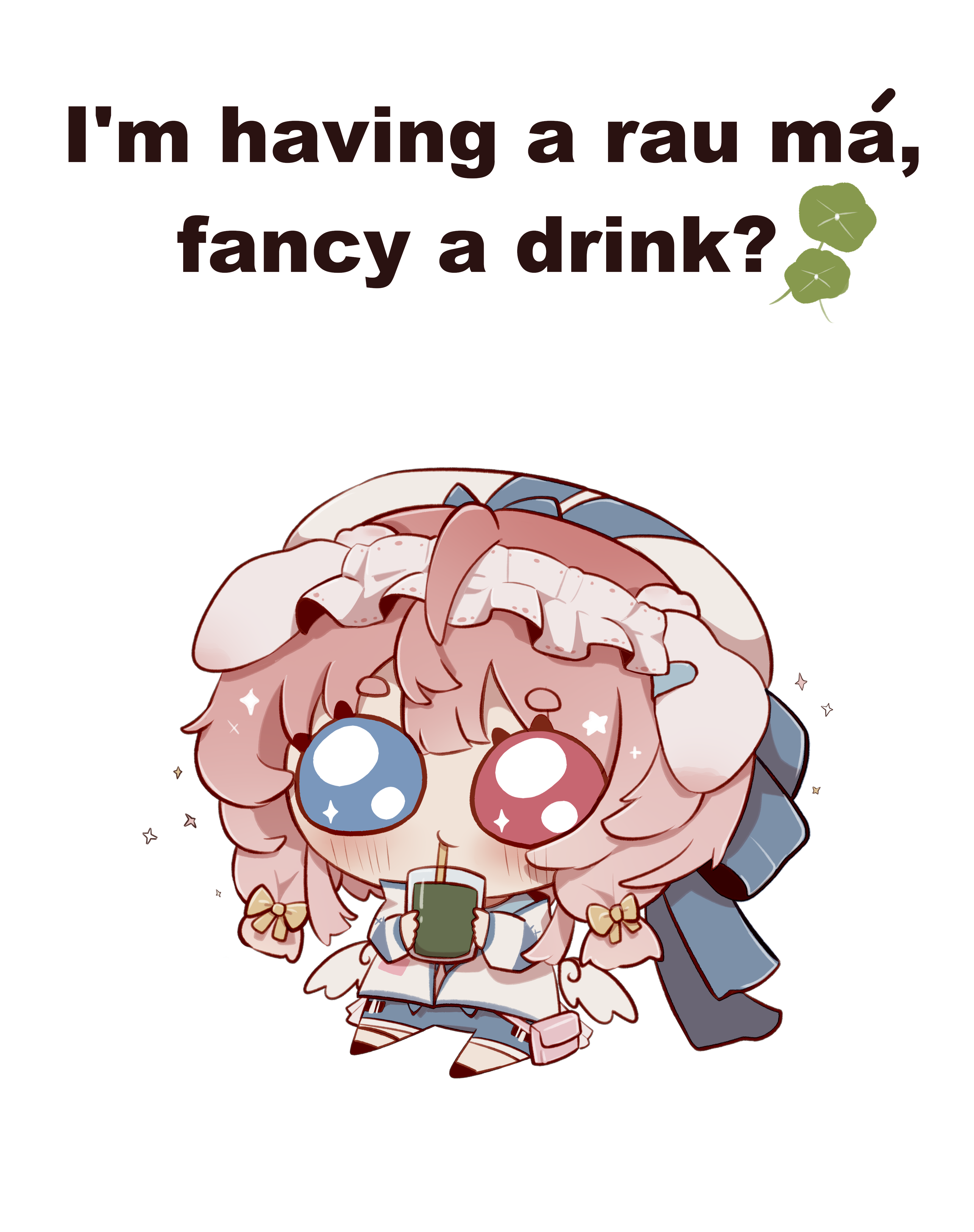 indie virtual youtuber, absurdres, commentary, highres, translated, 1girl, animal ears, belt pouch, blue eyes, blue shirt, blush, bow, chibi, cup, denim, denim shorts, dog ears, drinking straw, drinking straw in mouth, english text, floppy ears, hair between eyes, hair bow, heterochromia, jacket, long sleeves, medium hair, mixed-language text, nairud, pink hair, pouch, red eyes, shirt, shorts, simple background, solo, sparkle, sparkling aura, star (symbol), vietnamese commentary, vietnamese text, virtual youtuber, white background, white jacket, white wings, wings, yellow bow, yiyi tenken