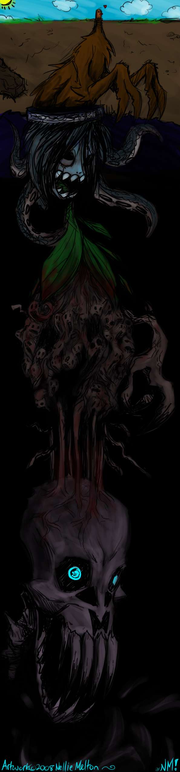 nellie melton, diglett, giygas, mother (series), mother 2, nintendo, pokemon, absurdres, highres, long image, tall image, 00s, 2008, ^ ^, closed eyes, creepy, dark, eldritch abomination, gen 1 pokemon, heart, horror (theme), monster, no humans, pokemon (creature), skull, tentacles, truth