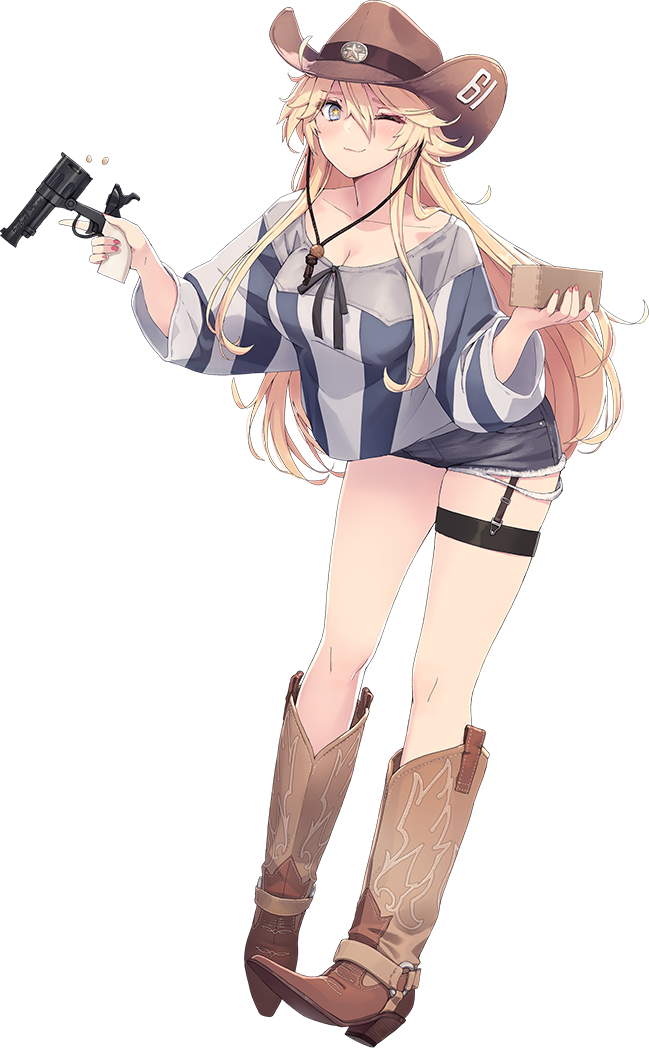 shizuma yoshinori, iowa (kancolle), kantai collection, bad link, official art, 1girl, alternate costume, blonde hair, blue eyes, boots, box, cowboy boots, cowboy hat, cutoffs, denim, denim shorts, full body, grey shorts, gun, handgun, hat, iowa (setsubun) (kancolle), leaning forward, long hair, masu, one eye closed, revolver, setsubun, shirt, shorts, solo, star-shaped pupils, star (symbol), striped clothes, striped shirt, symbol-shaped pupils, thigh strap, transparent background, weapon