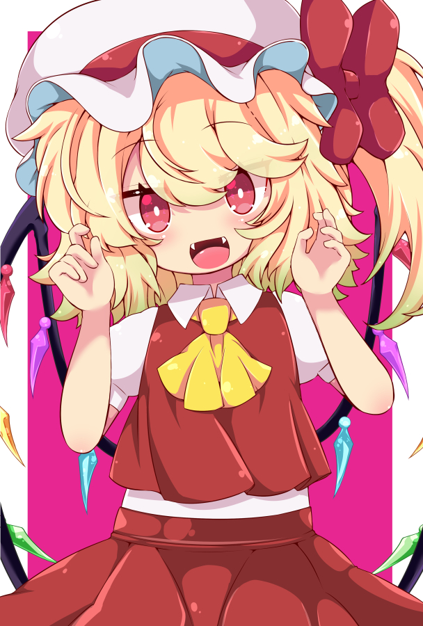 muuba, flandre scarlet, touhou, commentary request, 1girl, :d, ascot, blonde hair, cowboy shot, crystal wings, eyes visible through hair, fangs, hands up, hat, looking at viewer, medium hair, mob cap, open mouth, red skirt, red vest, shirt, short sleeves, skirt, skirt set, smile, solo, two-tone background, vest, white shirt, wings, yellow ascot