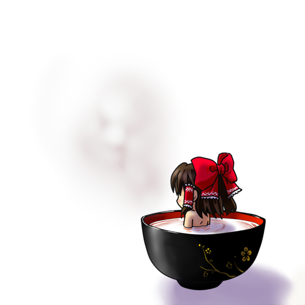 socha, hakurei reimu, unzan, touhou, 1girl, blush, brown hair, chibi, cup, female focus, in container, in cup, mini person, minigirl, nude, pun, simple background, solo, teacup, when you see it
