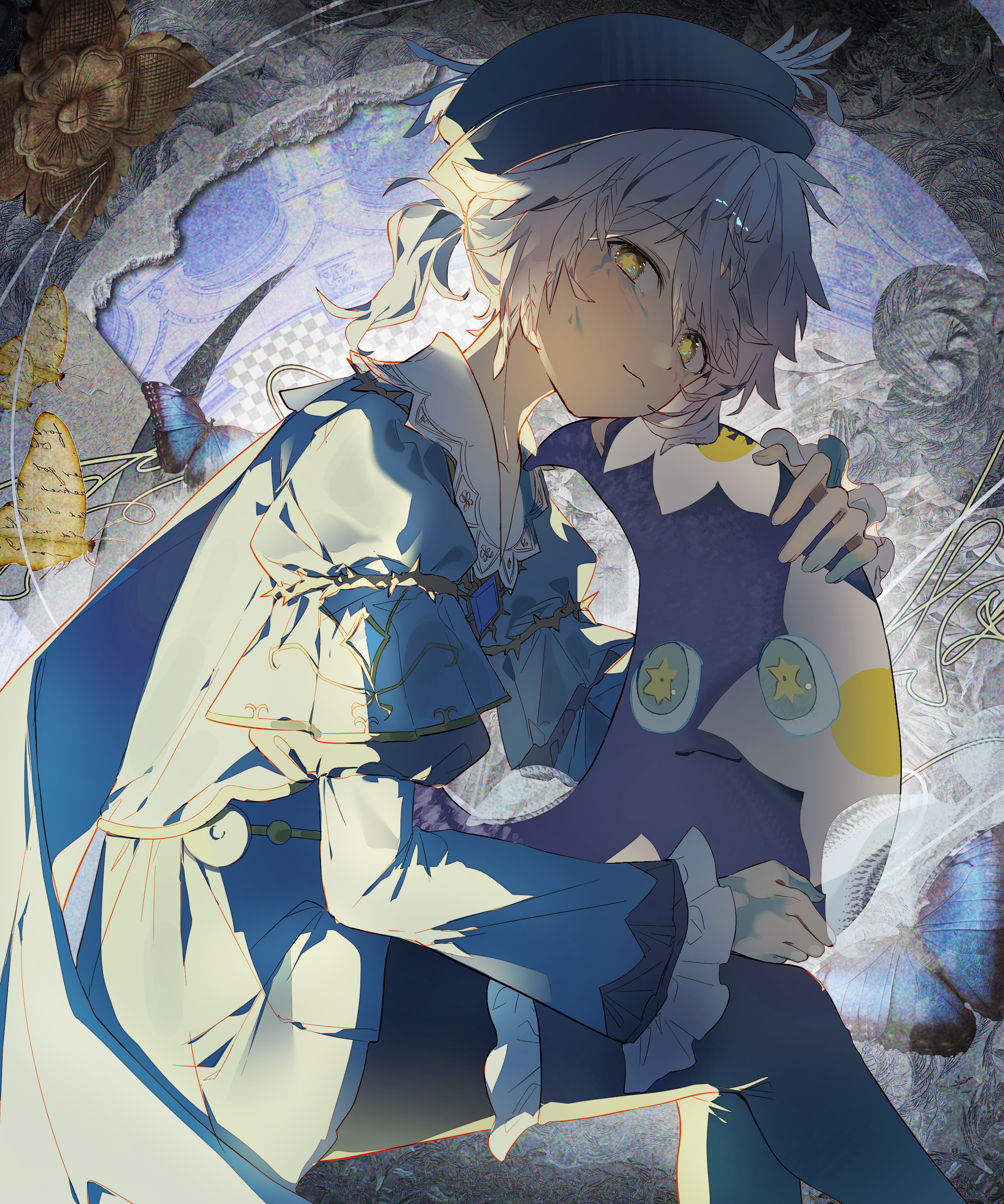 pba 471, edgar valden, identity v, absurdres, commentary, highres, 1boy, black pants, bug, butterfly, closed mouth, dress, edgar valden (deep blue), frilled dress, frilled pants, frills, hat, hat feather, ink, insect, looking at viewer, male focus, medium hair, official alternate costume, pants, ponytail, sitting, solo, star-shaped pupils, star (symbol), symbol-shaped pupils, white hair, yellow eyes