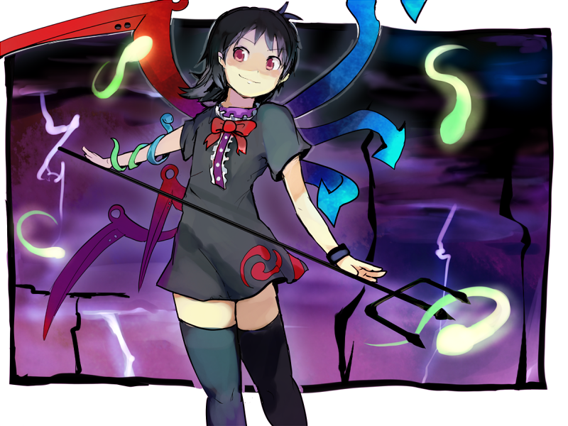 sergei (pattundo), houjuu nue, touhou, 1girl, asymmetrical wings, black hair, black thighhighs, bow, bowtie, female focus, glowing, polearm, red eyes, short hair, smile, snake, solo, thighhighs, trident, weapon, wings, zettai ryouiki