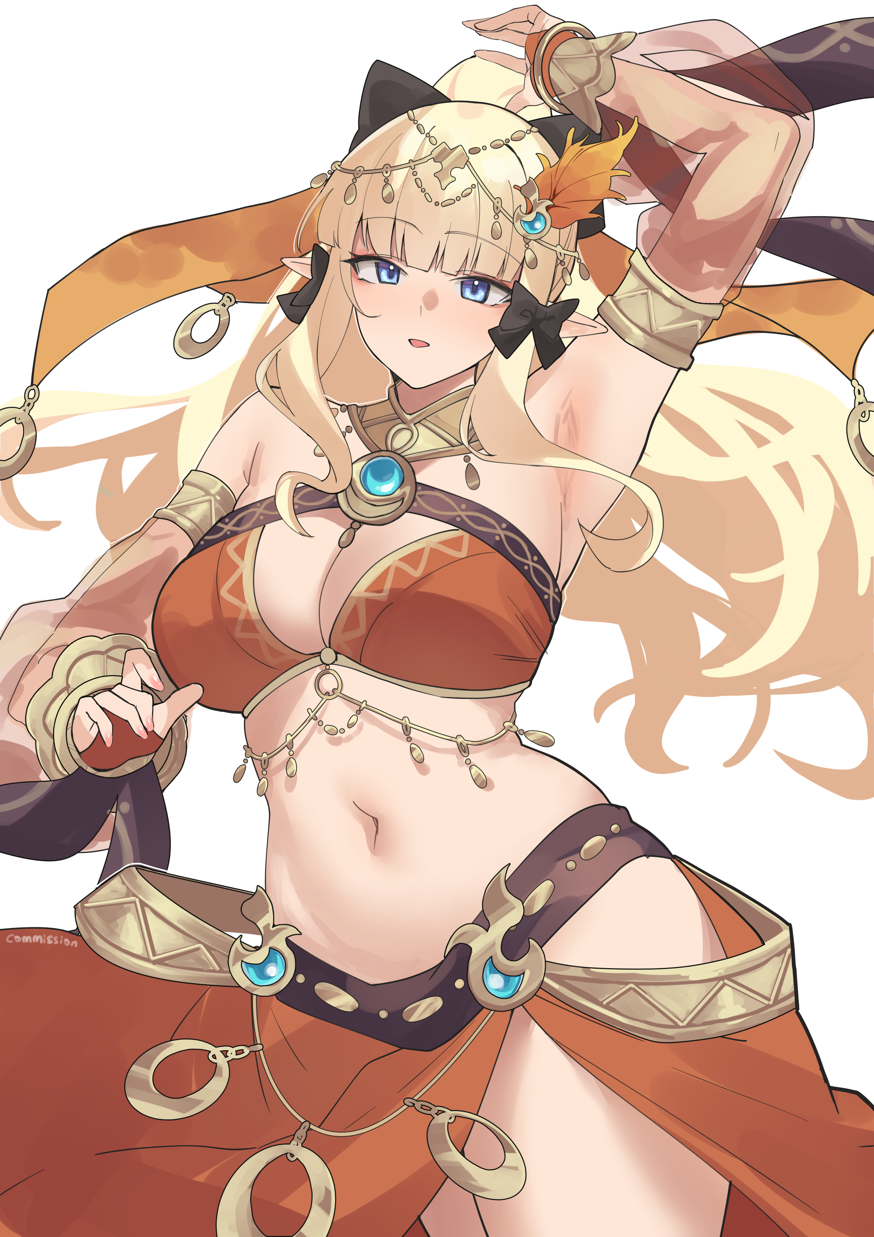 pinepin, saren (princess connect!), saren (sarasaria) (princess connect!), princess connect!, blue gem, absurdres, commentary, highres, 1girl, arm up, armpits, belly chain, black bow, blonde hair, blue eyes, blush, body jewelry, bow, breasts, bridal gauntlets, circlet, cleavage, cowboy shot, dancer, dancing, detached sleeves, elf, gem, gold circlet, hair bow, harem outfit, jewelry, large breasts, long hair, looking at viewer, navel, neck ring, o-ring, open mouth, orange bridal gauntlets, orange sarong, orange veil, pointy ears, sarong, see-through clothes, see-through sleeves, simple background, skindentation, solo, stomach, thighs, veil, white background