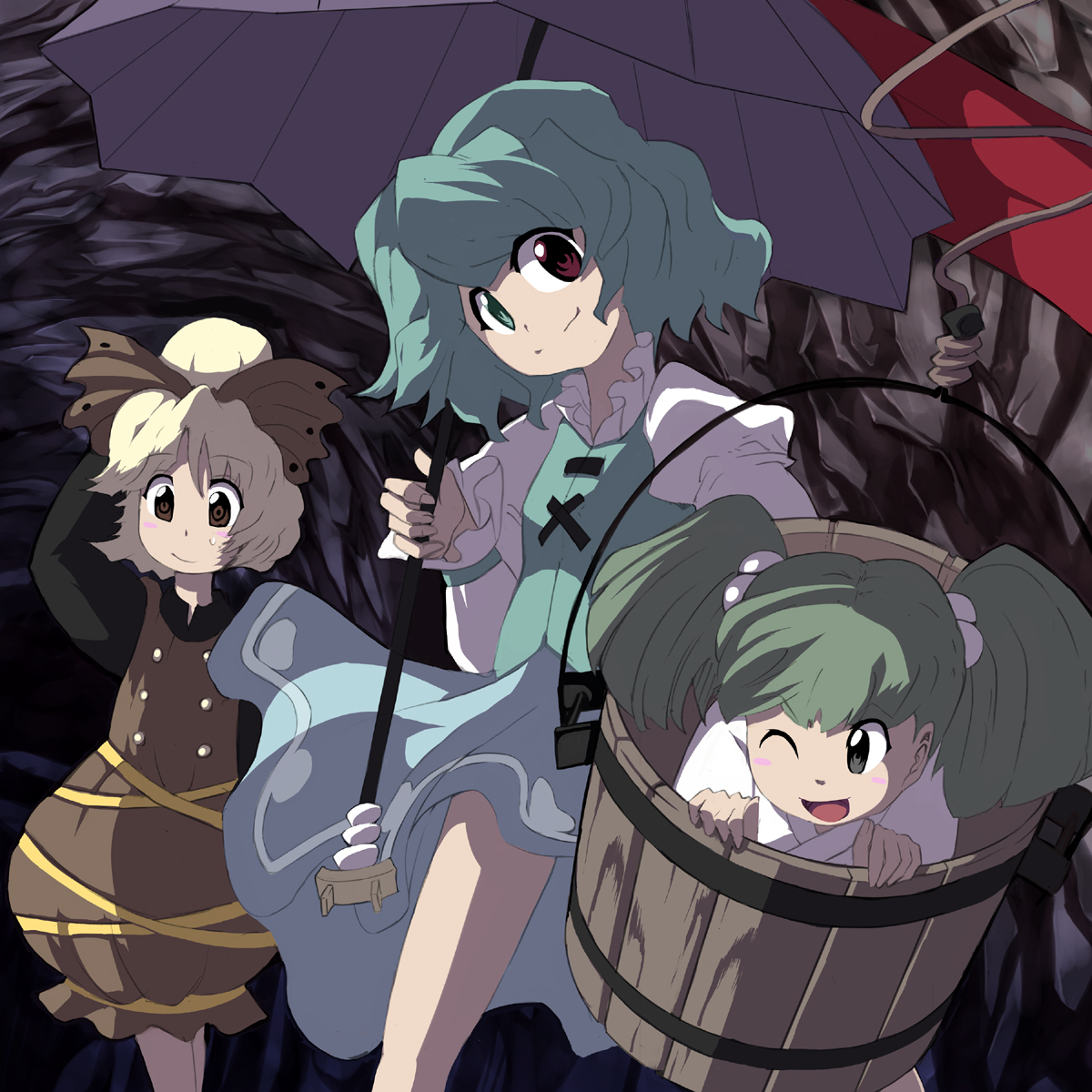 syope, kisume, kurodani yamame, tatara kogasa, touhou, highres, 3girls, blonde hair, blue hair, bucket, female focus, green hair, heterochromia, in bucket, in container, multiple girls, one eye closed, umbrella, wink