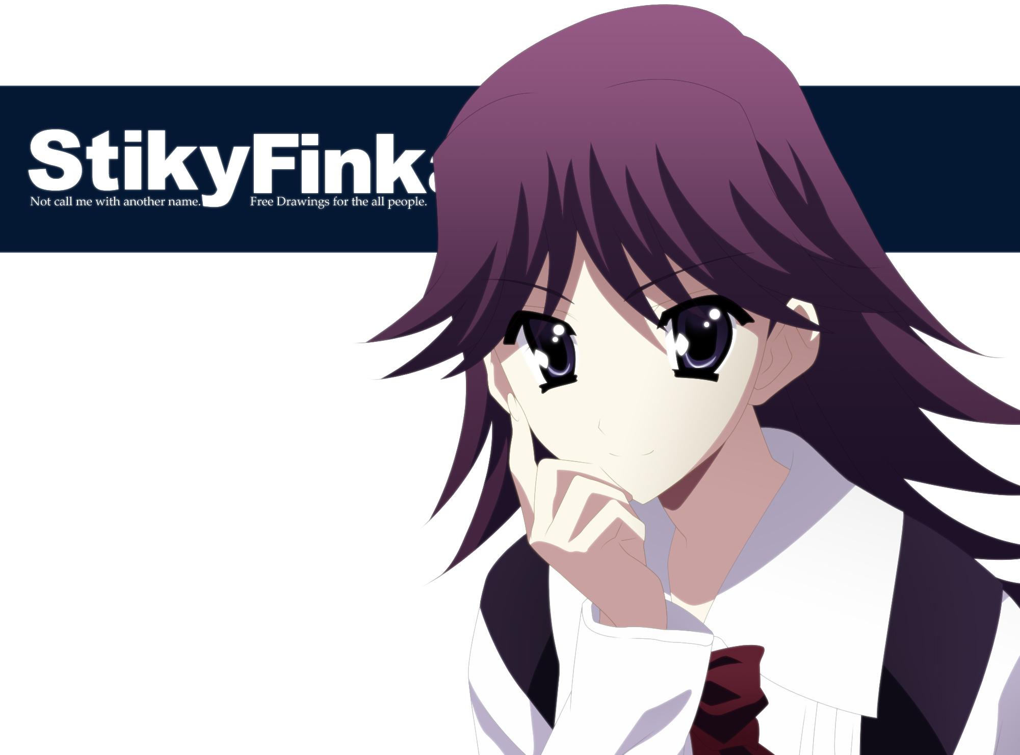 stiky finkaz, cross days, school days, derivative work, highres, third-party edit, vector trace, 00s, 1girl, blue eyes, female focus, happy, koizumi natsumi, purple hair, smile, solo, watermark