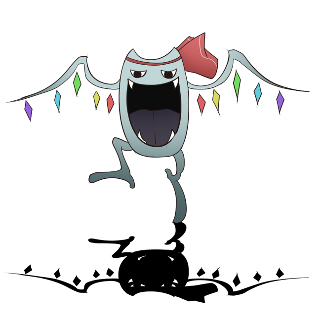 flandre scarlet, golbat, nintendo, pokemon, touhou, bad id, bad pixiv id, female focus, gen 1 pokemon, no humans, parody, pokemon (creature), shadow, simple background, wings