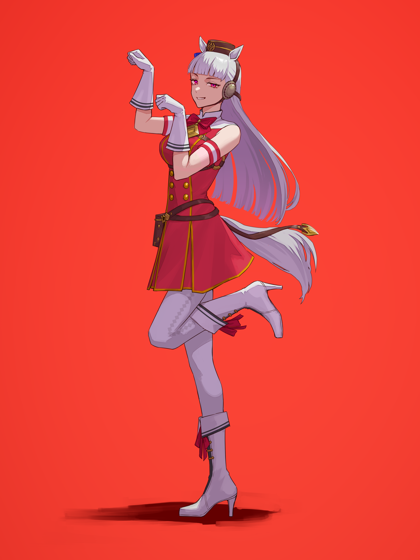 gold ship (red strife) (umamusume), gold ship (umamusume), umamusume, commentary request, highres, 1girl, animal ears, armband, blunt bangs, boots, bow, bowtie, breasts, brown hat, daiasouken (dri), dress, ear bow, ear ribbon, full body, gloves, grey hair, hat, horse ears, horse girl, horse pose, horse tail, long hair, looking at viewer, medium breasts, pantyhose, parted lips, pillbox hat, pouch, purple eyes, red background, red bow, red bowtie, red dress, sleeveless, sleeveless dress, smile, solo, standing, standing on one leg, striped armband, striped clothes, tail, thigh pouch, white boots, white gloves, white pantyhose