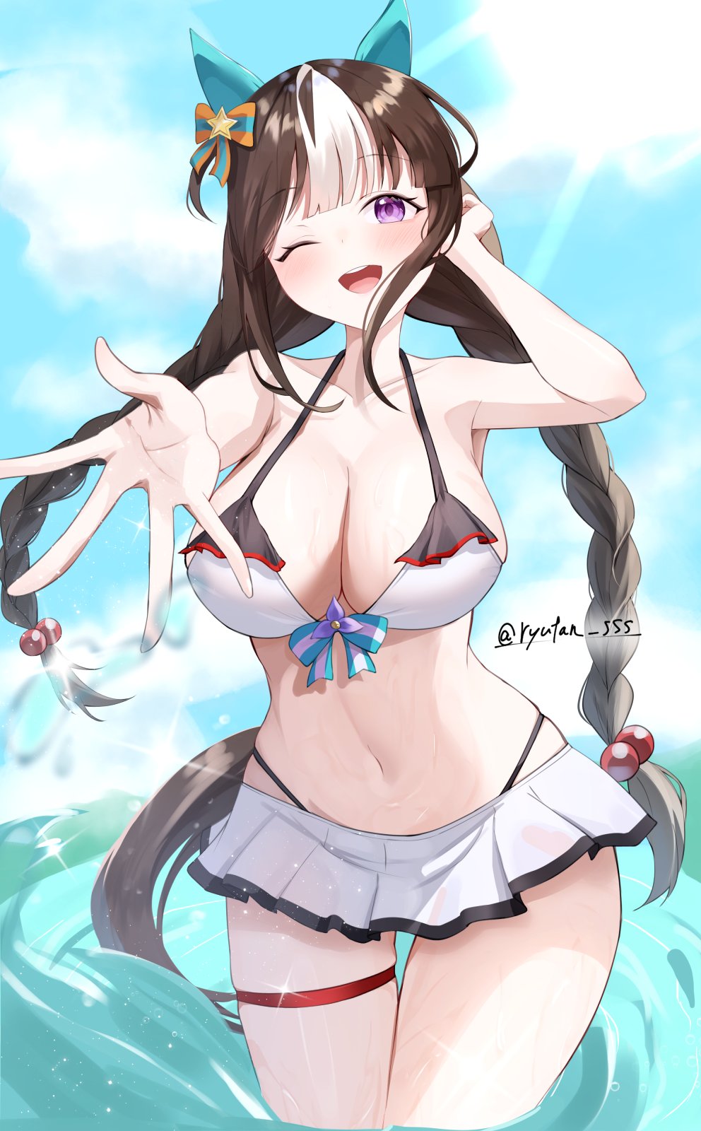 lryutanl, hokko tarumae (umamusume), umamusume, commentary request, highres, 1girl, animal ears, bare shoulders, bikini, bikini skirt, blue sky, blush, bow, braid, breasts, brown hair, cleavage, cloud, collarbone, ear covers, horse ears, horse girl, horse tail, large breasts, long braid, long hair, looking at viewer, multicolored hair, navel, one eye closed, open mouth, purple eyes, reaching, reaching towards viewer, sky, smile, solo, stomach, striped hair, swimsuit, tail, teeth, thigh strap, twin braids, upper teeth only, water, white bikini, white hair