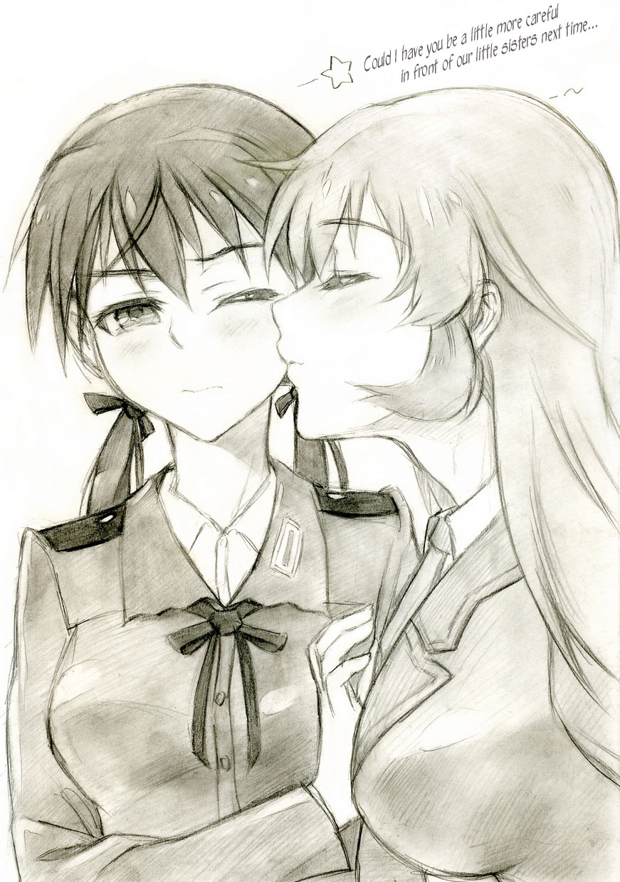kisetsu, charlotte e. yeager, gertrud barkhorn, strike witches, world witches series, hard-translated, highres, third-party edit, traditional media, translated, 2girls, blush, closed eyes, hair ribbon, kiss, monochrome, multiple girls, one eye closed, ribbon, sketch, twintails, wink