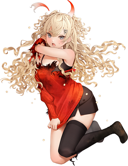hoshiakari (c2 kikan), minneapolis (kancolle), kantai collection, bad link, official art, 1girl, asymmetrical legwear, black skirt, black thighhighs, blonde hair, burnt clothes, clothes tug, detached horns, full body, grey eyes, horns, looking at viewer, minneapolis (setsubun) (kancolle), off-shoulder sweater, off shoulder, red sweater, skirt, smile, solo, standing, sweater, sweater tug, thighhighs, torn clothes, transparent background, two side up, uneven legwear, wavy hair