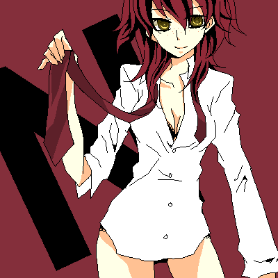 nena trinity, gundam, gundam 00, artist request, lowres, 00s, 1girl, bra, breasts, cleavage, dress, dress shirt, female focus, freckles, lingerie, medium breasts, necktie, oekaki, panties, red hair, red theme, shirt, solo, underwear, undressing, yellow eyes