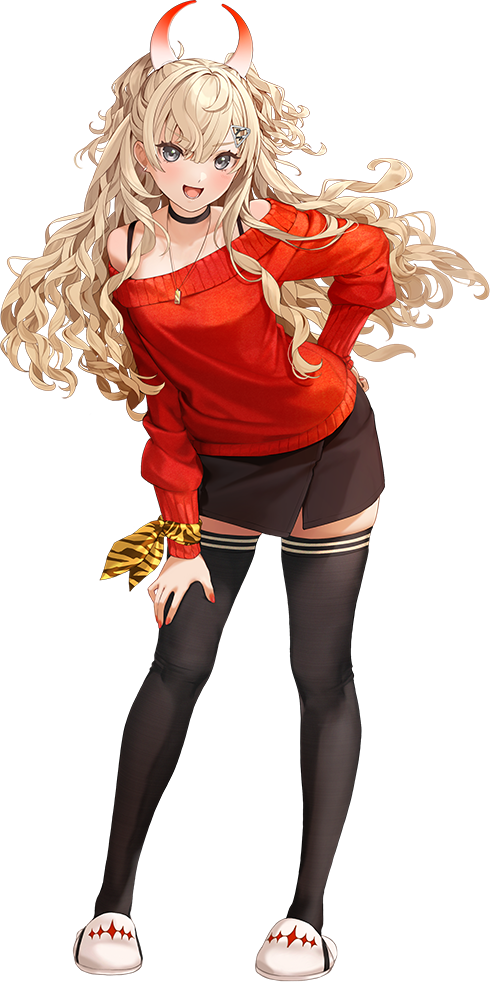 hoshiakari (c2 kikan), minneapolis (kancolle), kantai collection, bad link, official art, 1girl, black choker, black skirt, black thighhighs, blonde hair, choker, full body, grey eyes, hand on own hip, hand on own thigh, horns, jewelry, looking at viewer, minneapolis (setsubun) (kancolle), necklace, off-shoulder sweater, off shoulder, red sweater, ribbon, skirt, slippers, smile, solo, standing, sweater, thighhighs, transparent background, two side up, wavy hair