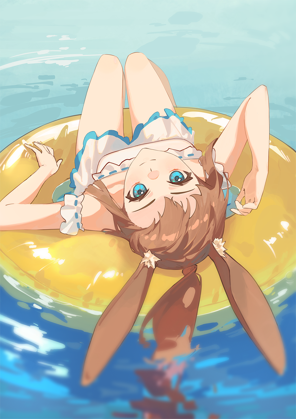 mikann (clm mikan), amiya (arknights), arknights, chinese commentary, commentary request, highres, 1girl, animal ear fluff, animal ears, bikini, blue eyes, blush, brown hair, closed mouth, long hair, looking at viewer, ocean, ponytail, rabbit ears, rabbit girl, skirt, smile, solo, swim ring, swimsuit, white bikini, white skirt