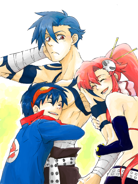 ru&pauda (artist), kamina (ttgl), simon (ttgl), yoko littner, tengen toppa gurren lagann, 00s, 1girl, 2boys, blue hair, blush, happy, hug, multiple boys, red eyes, red hair, smile, tattoo, tegaki, topless male