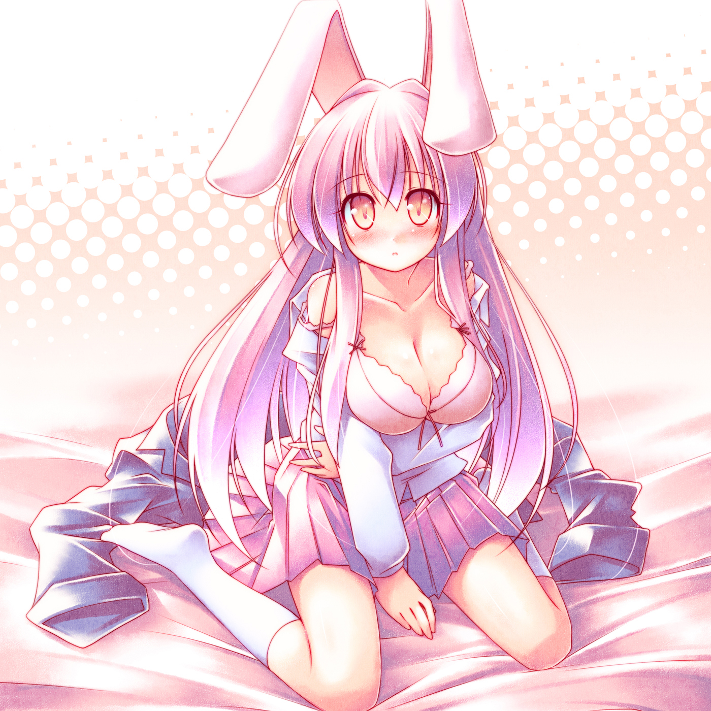 kibushi, reisen udongein inaba, touhou, highres, 1girl, animal ears, bare shoulders, blush, bra, breasts, female focus, halftone, halftone background, kneehighs, kneeling, large breasts, lingerie, long hair, open clothes, open shirt, purple hair, rabbit ears, red eyes, shirt, socks, solo, strap slip, underwear, white socks