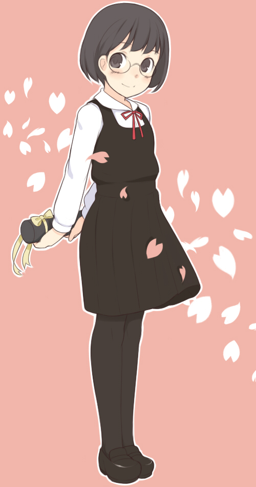 oza watto, original, 1girl, black eyes, black hair, black pantyhose, diploma, female focus, full body, glasses, graduation, holding, holding diploma, pantyhose, petals, ribbon, school uniform, short hair, smile, solo